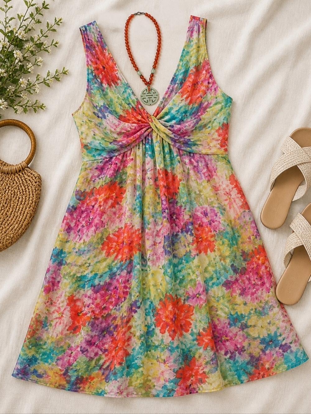 Dressbarn Watercolor Floral Fit & Flare Dress Size 10 Twist Front Sleeveless